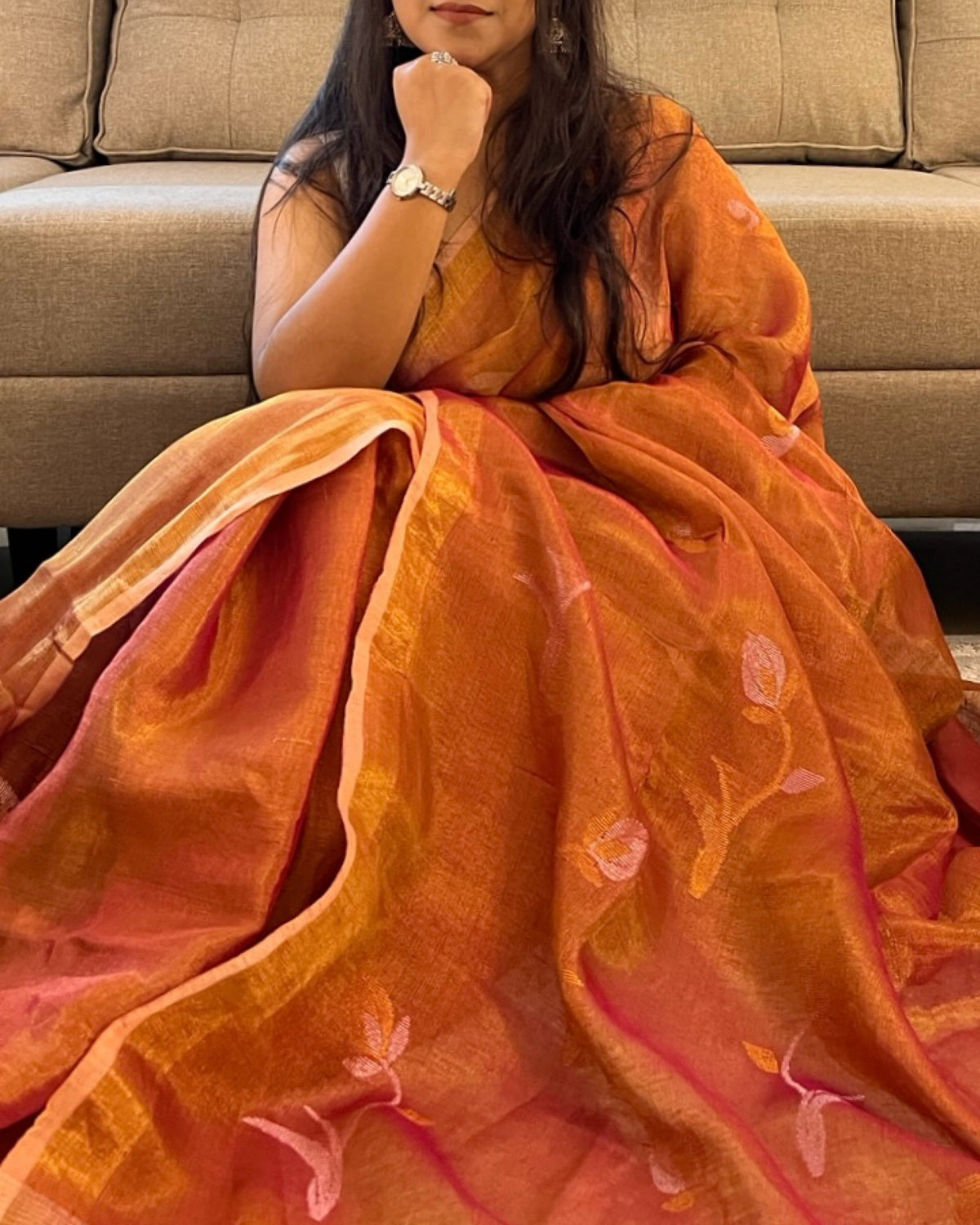 Designer peach golden tissue saree for parties and festive occasions by Shop AaMe