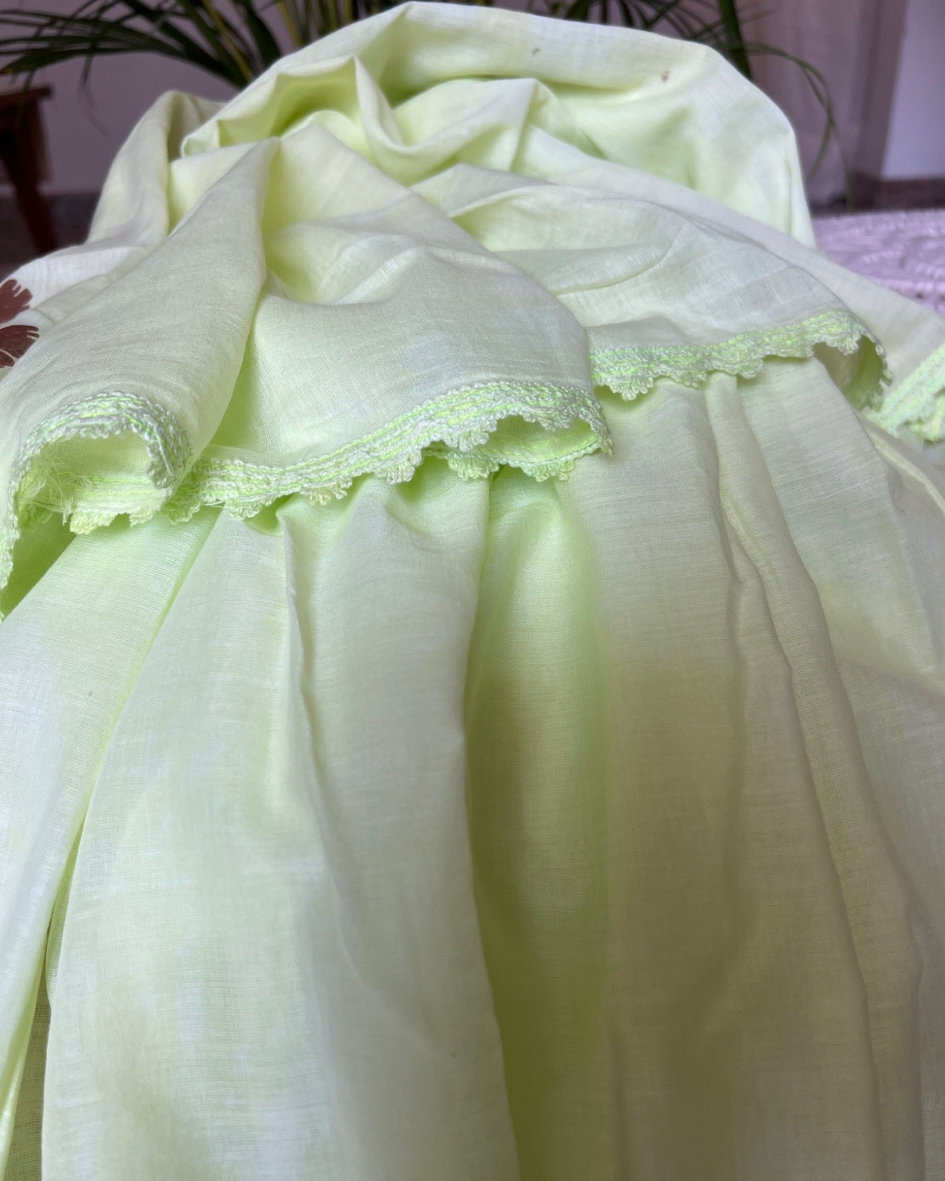 Green Mulmul cotton Saree named Long Island by Shopaame