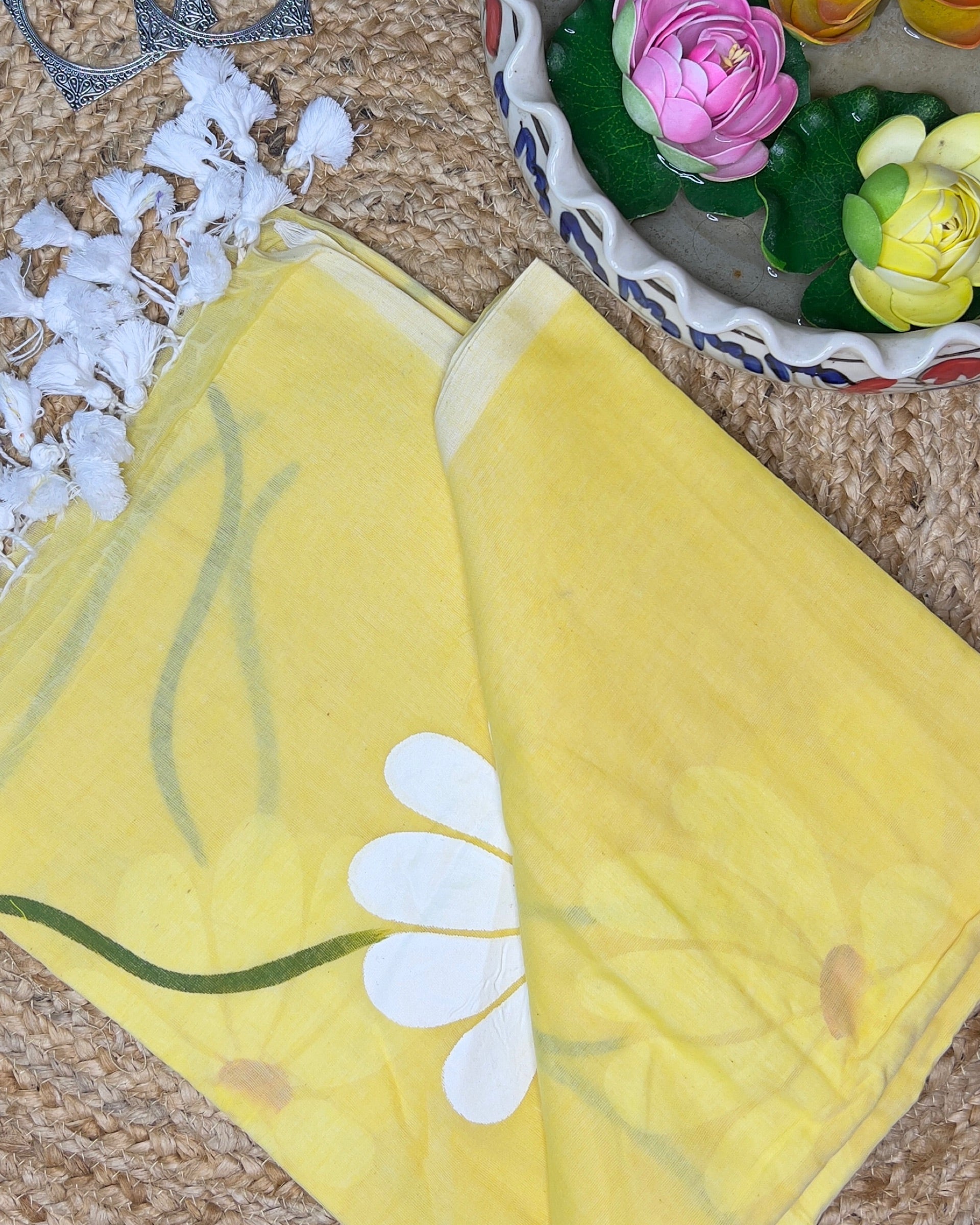 Soft and comfortable light weight lemon yellow mulmul cotton saree with floral hand painting good for day time wear
