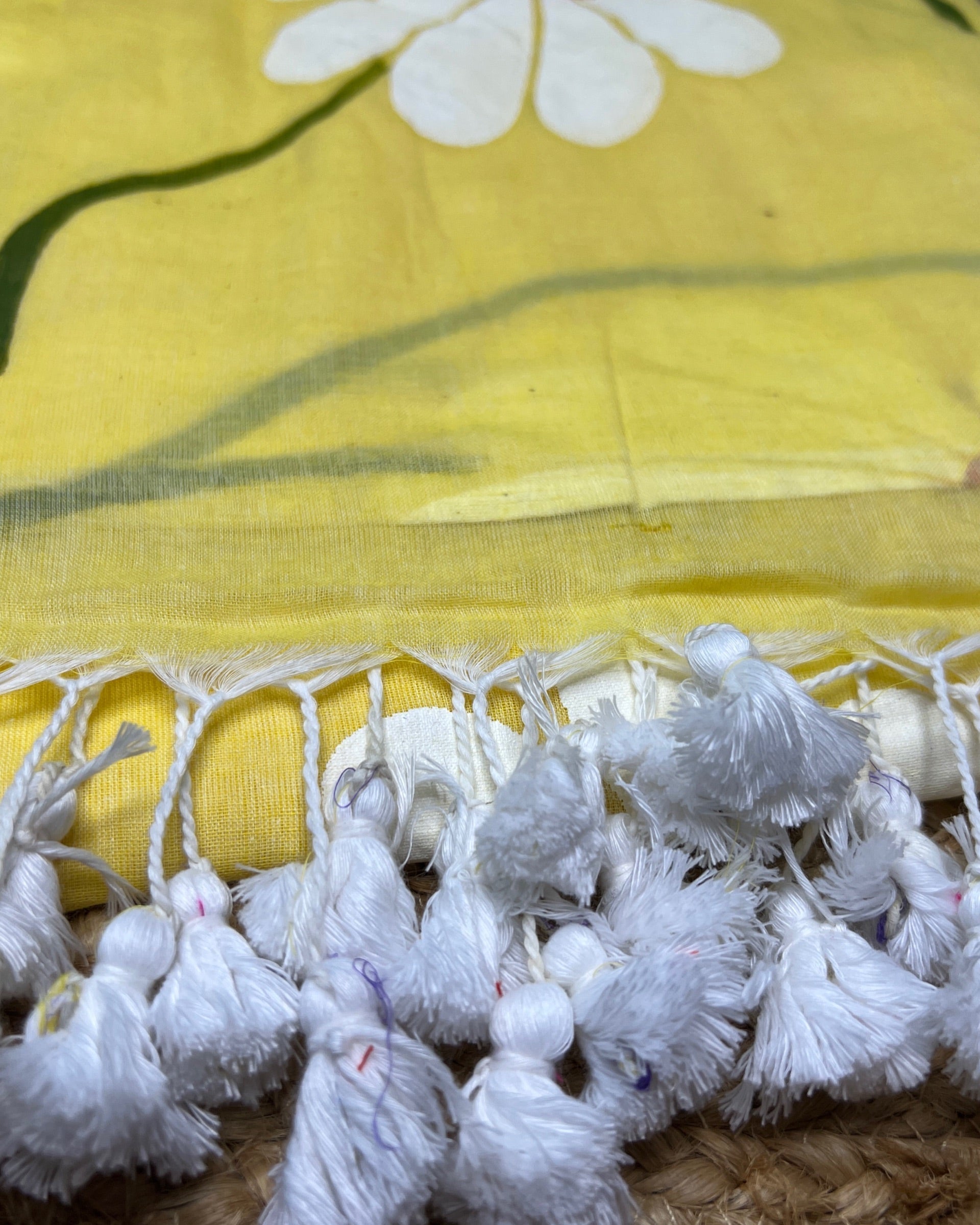 Soft and comfortable light weight lemon yellow mulmul cotton saree with floral hand painting good for day time wear