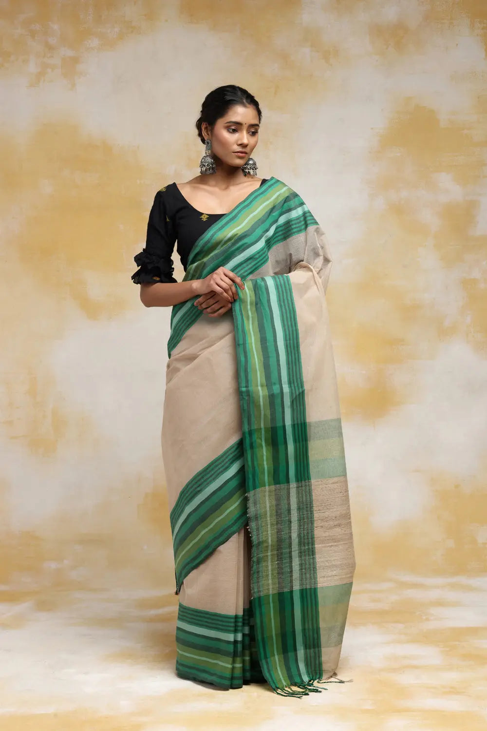 Handloom Beige Pure Cotton Saree With Green Border-Sutra Art of Clothing