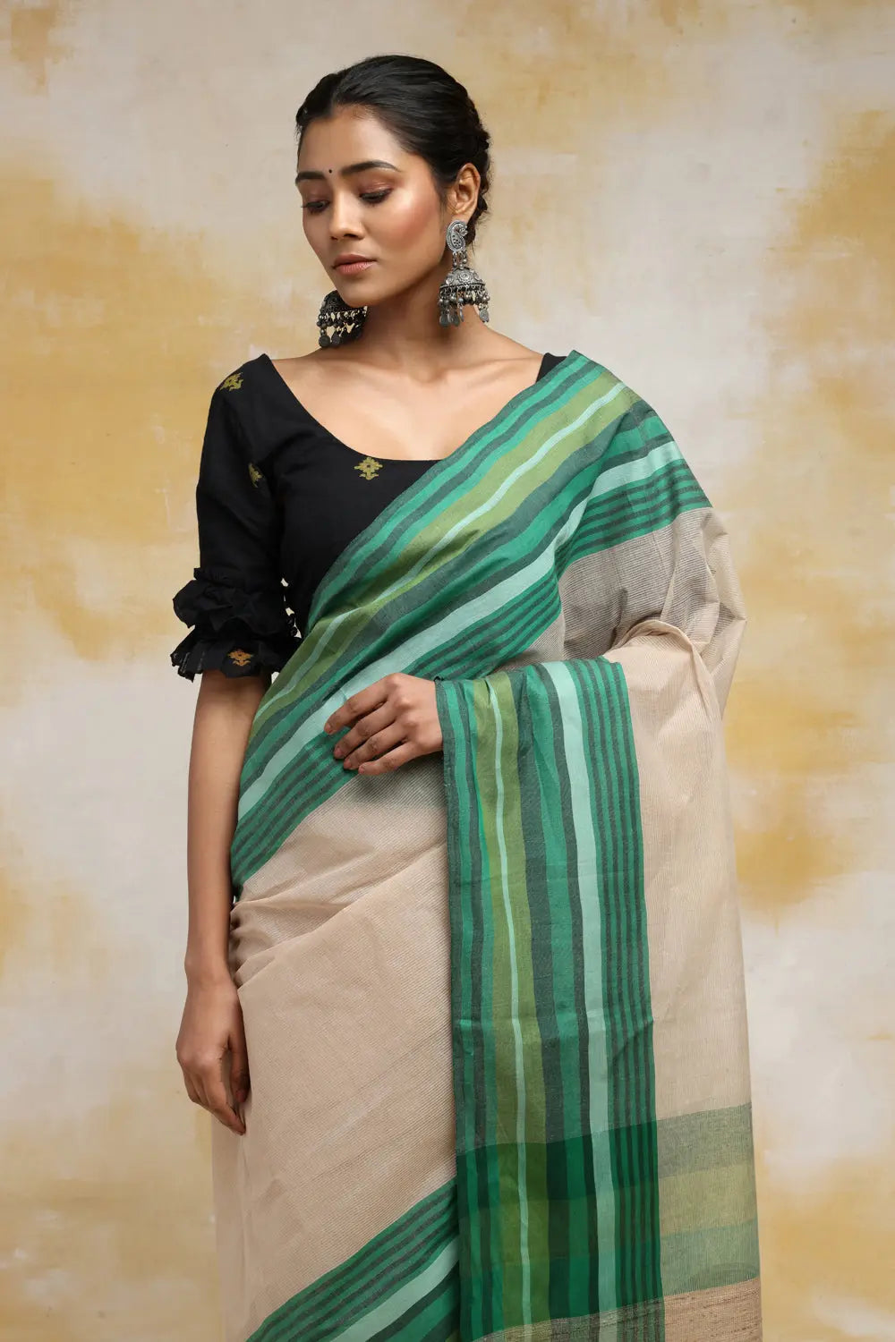 Handloom Beige Pure Cotton Saree With Green Border-Sutra Art of Clothing