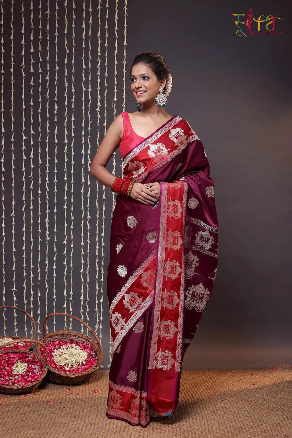 Wine and Red Pure Silk Banarasi Saree-Sutra Art of Clothing