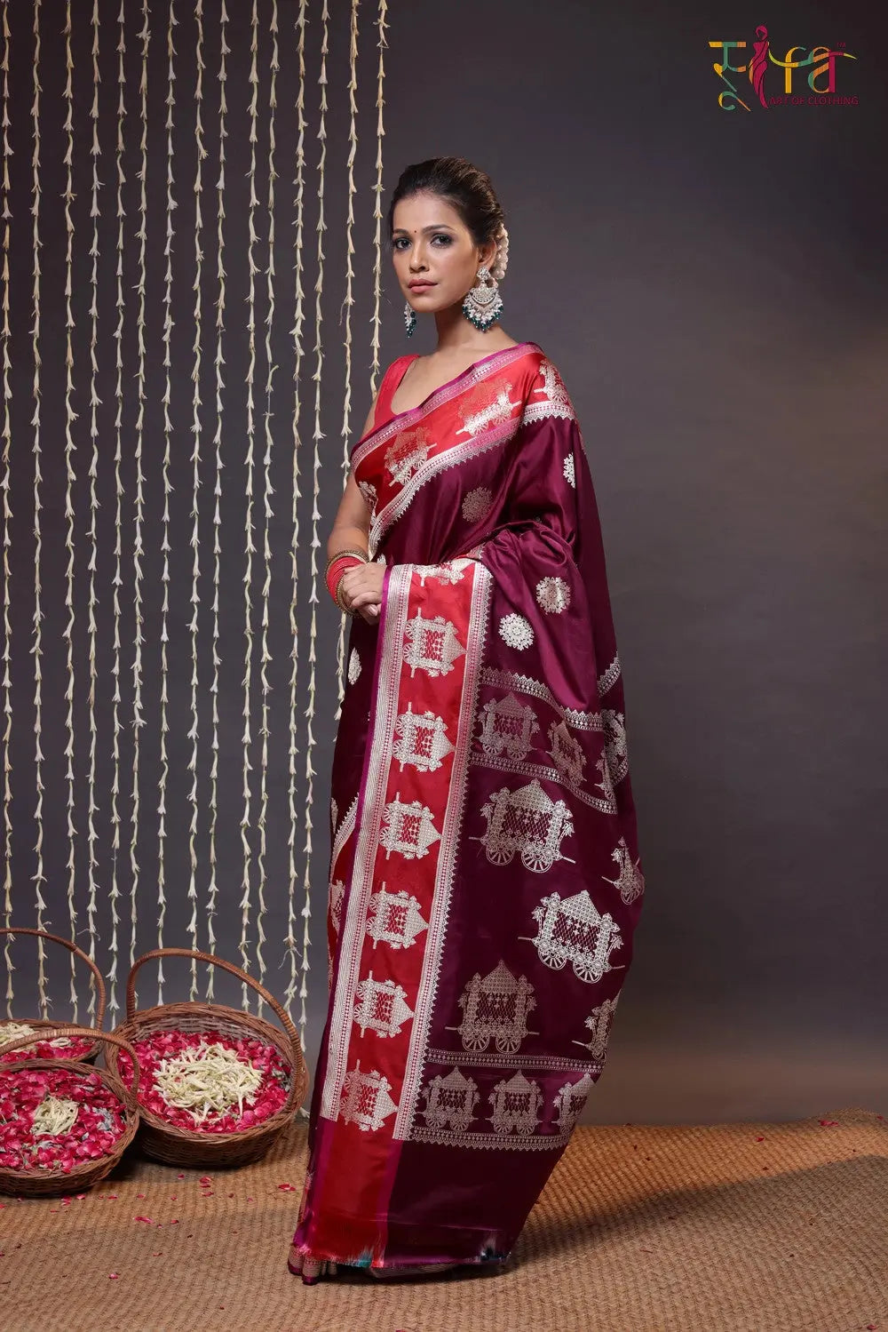 Wine and Red Pure Silk Banarasi Saree-Sutra Art of Clothing