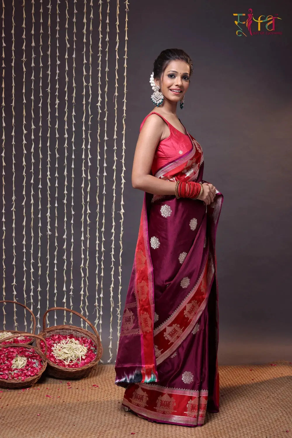 Wine and Red Pure Silk Banarasi Saree-Sutra Art of Clothing