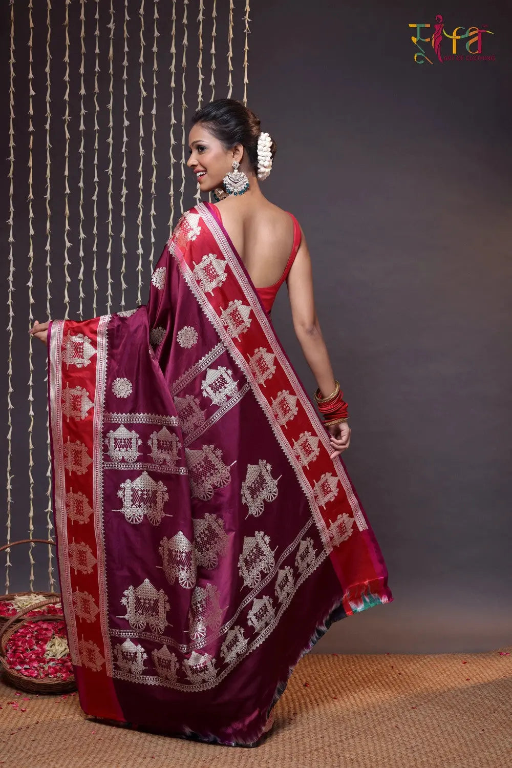 Wine and Red Pure Silk Banarasi Saree-Sutra Art of Clothing