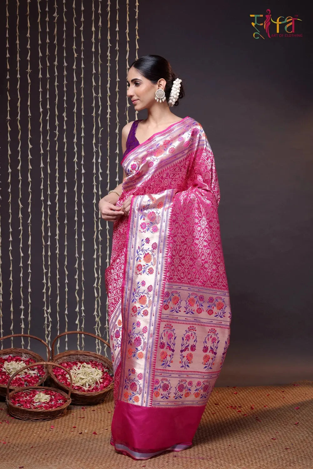 Magenta Handloom Pure Silk Banarasi Paithani Saree-Sutra Art of Clothing