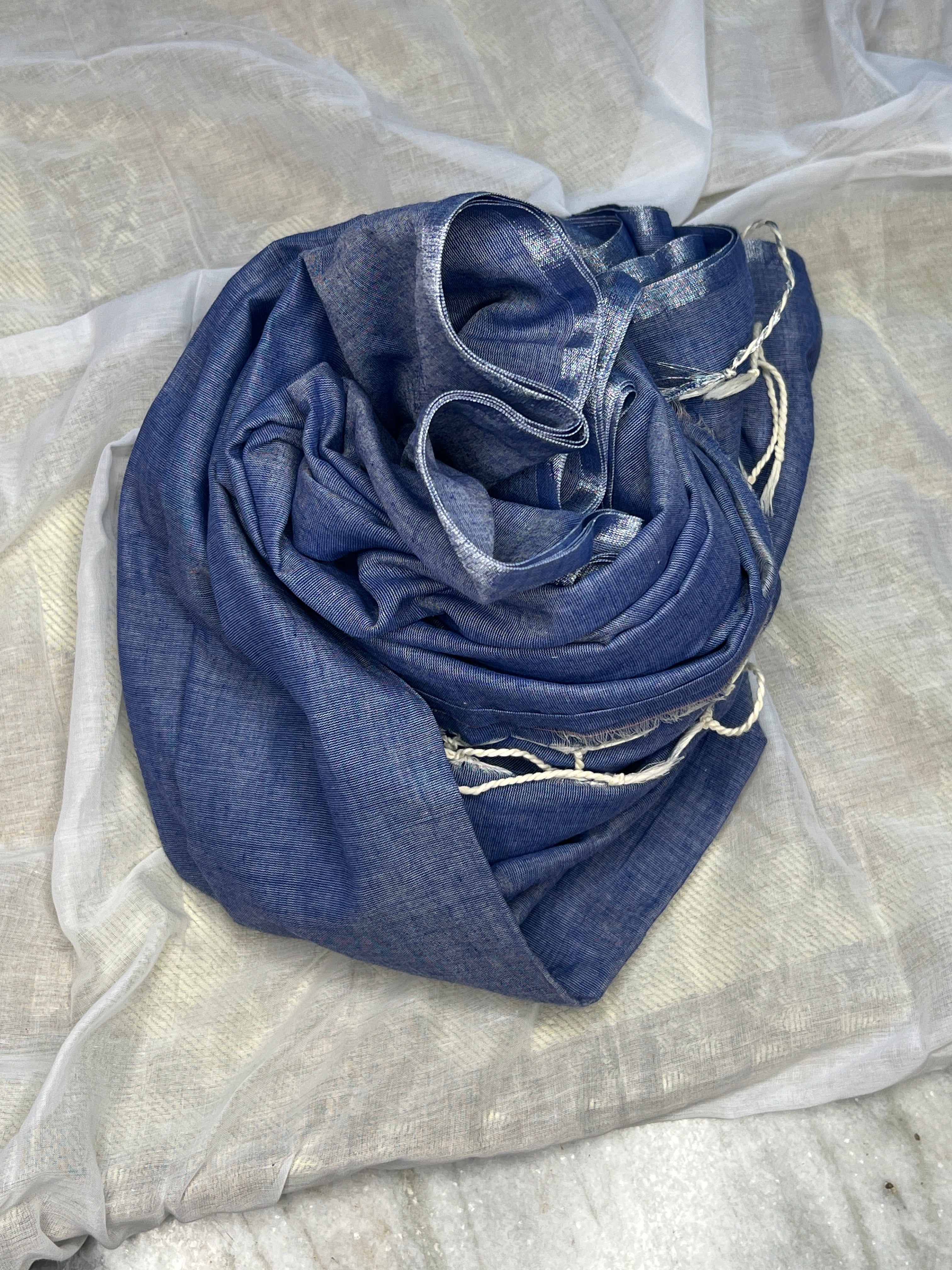 Blue khaadi cotton saree by Shopaame named Silver Lining