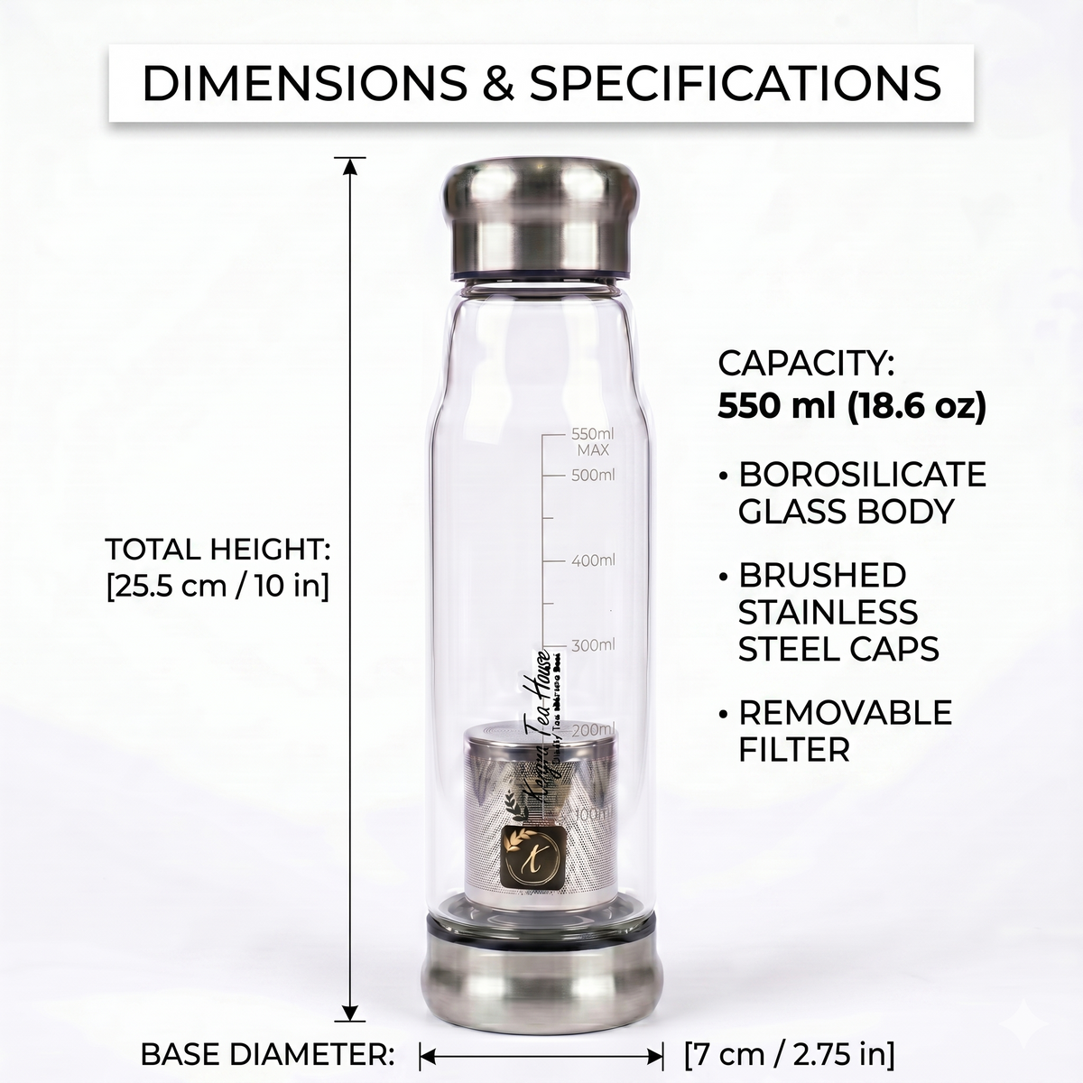 Clear glass water bottle with metal cap and filter, showing dimensions and specifications on a white background.