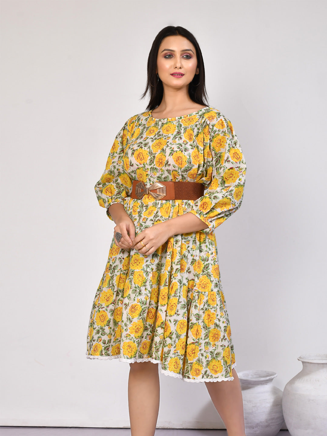 Ishya handprinted floral tiered cotton midi dress, perfect for summer days-3