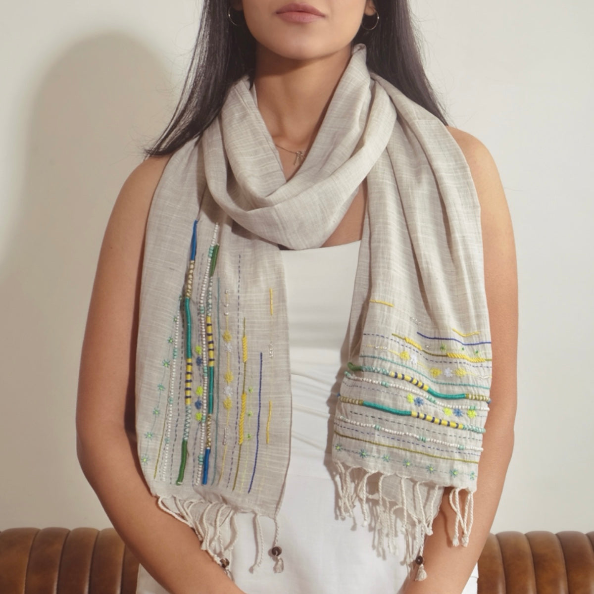 Lightweight summer scarf styled around neck