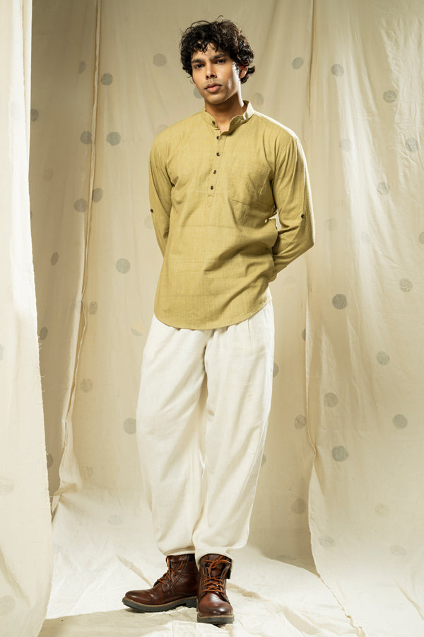 Handwoven heritage- green essential men’s kurta with mandarin collar - organic men