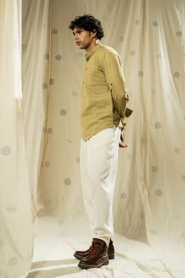 Handwoven heritage- green essential men’s kurta with mandarin collar - organic men