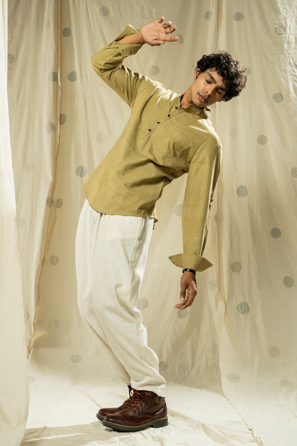 Handwoven heritage- green essential men’s kurta with mandarin collar - organic men