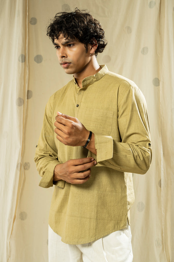 Handwoven heritage- green essential men’s kurta with mandarin collar - organic men