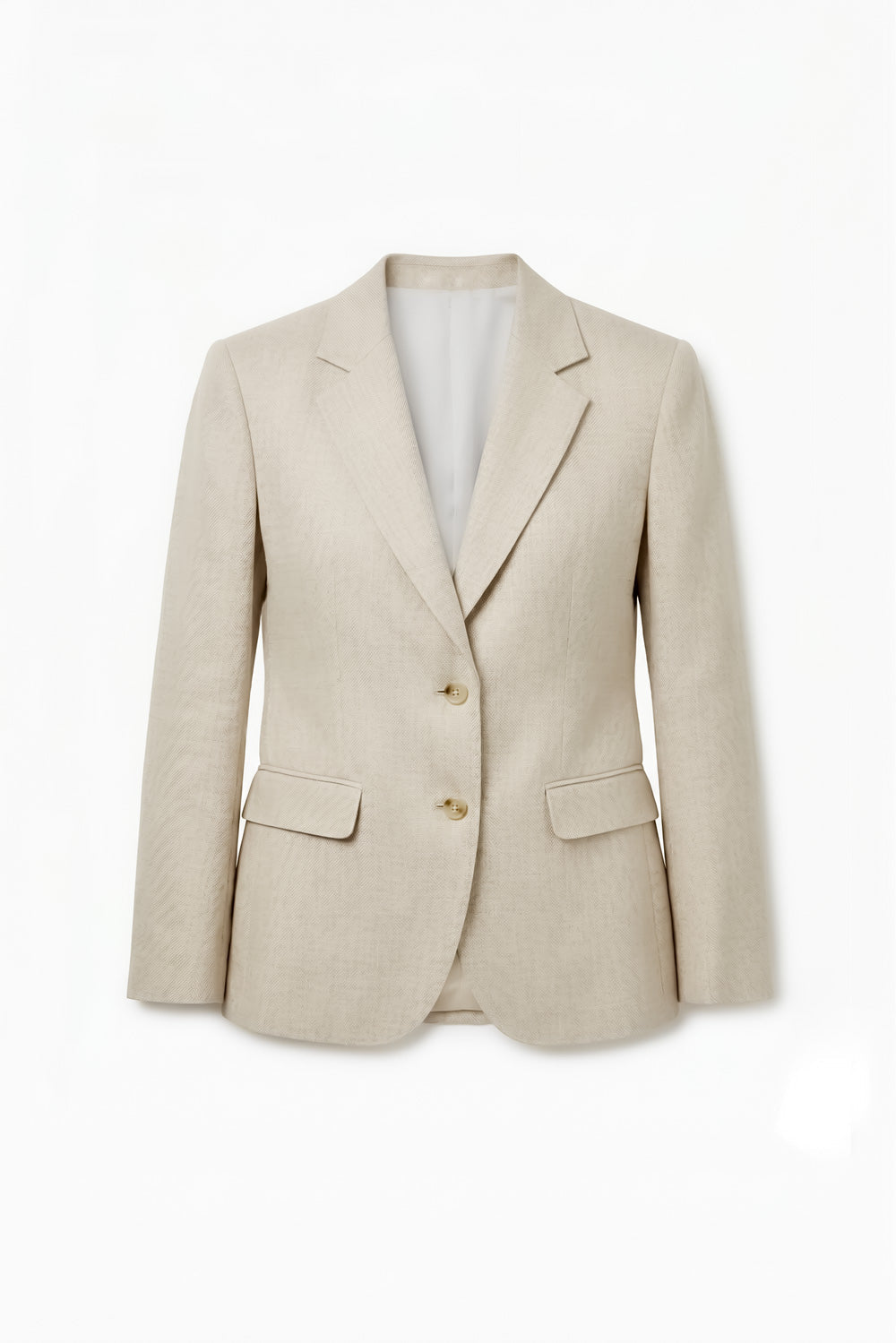 A beige linen blazer with two front flap pockets, a notch lapel, laid flat against a white background.