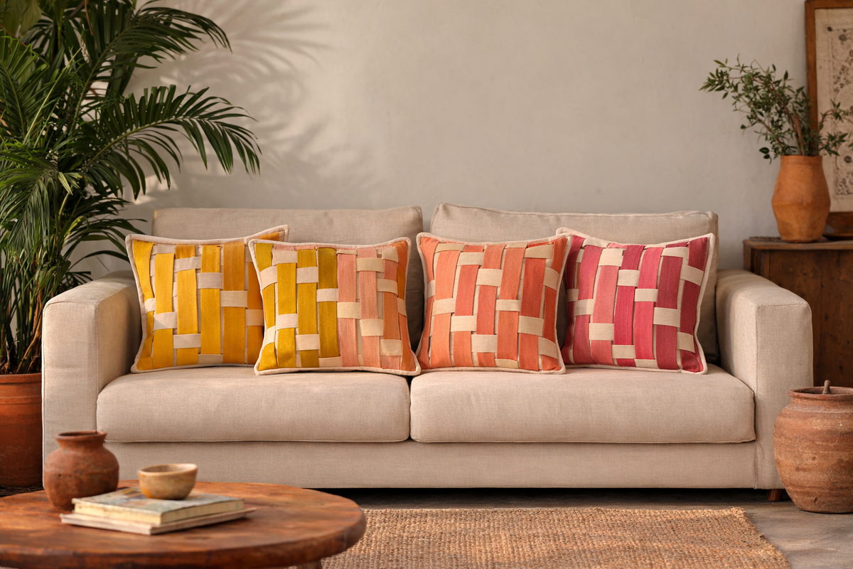 Beige sofa with patterned cushions in a living room setting