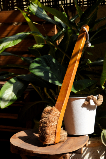 Natural coconut coir toilet brush with long wooden handle and double-sided bristles, placed on a wooden stool near green indoor plants.