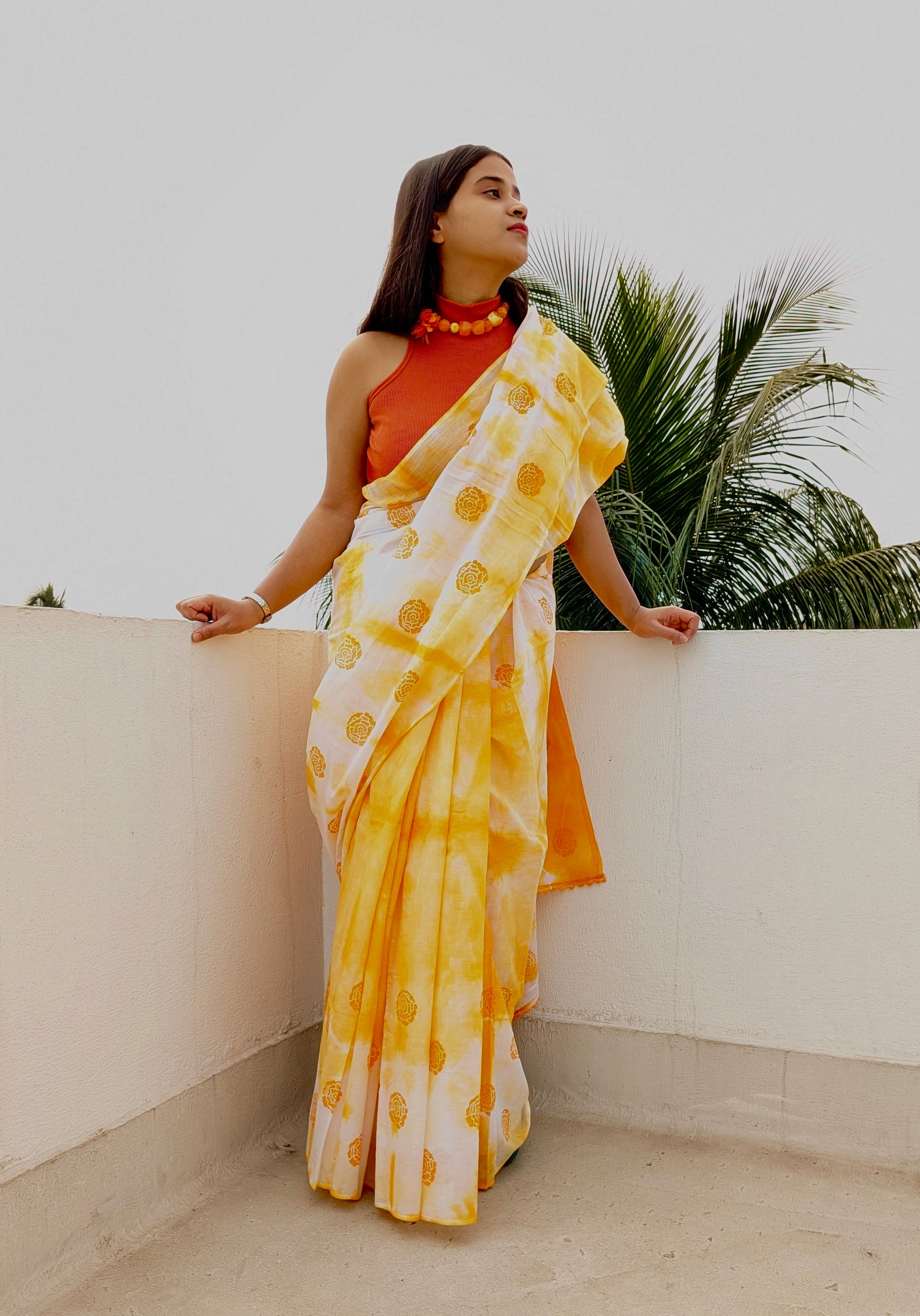 Orange Marigold Mulmul cotton Saree by Shopaame