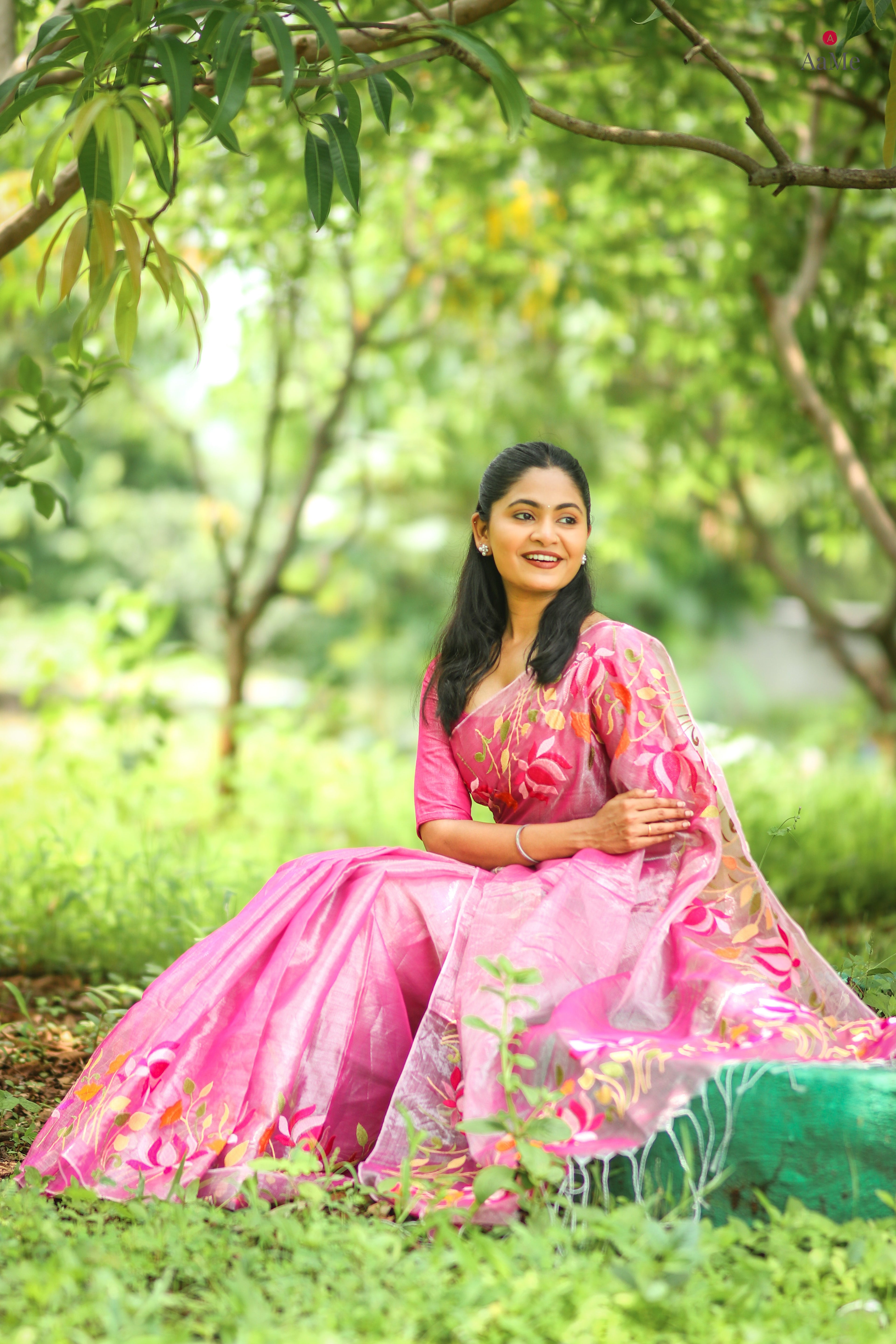 Silver Pink viral tissue saree with floral embroidery orange and pink