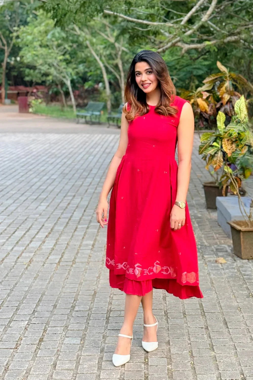 Radiance Red Layered Jamdani Dress-Sutra Art of Clothing