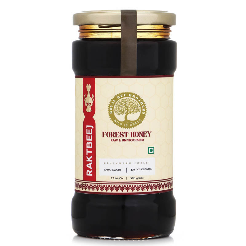 Royal Bee Brothers Raktbeej Black Forest Honey jar featuring rare raw honey sourced from deep Indian forest regions