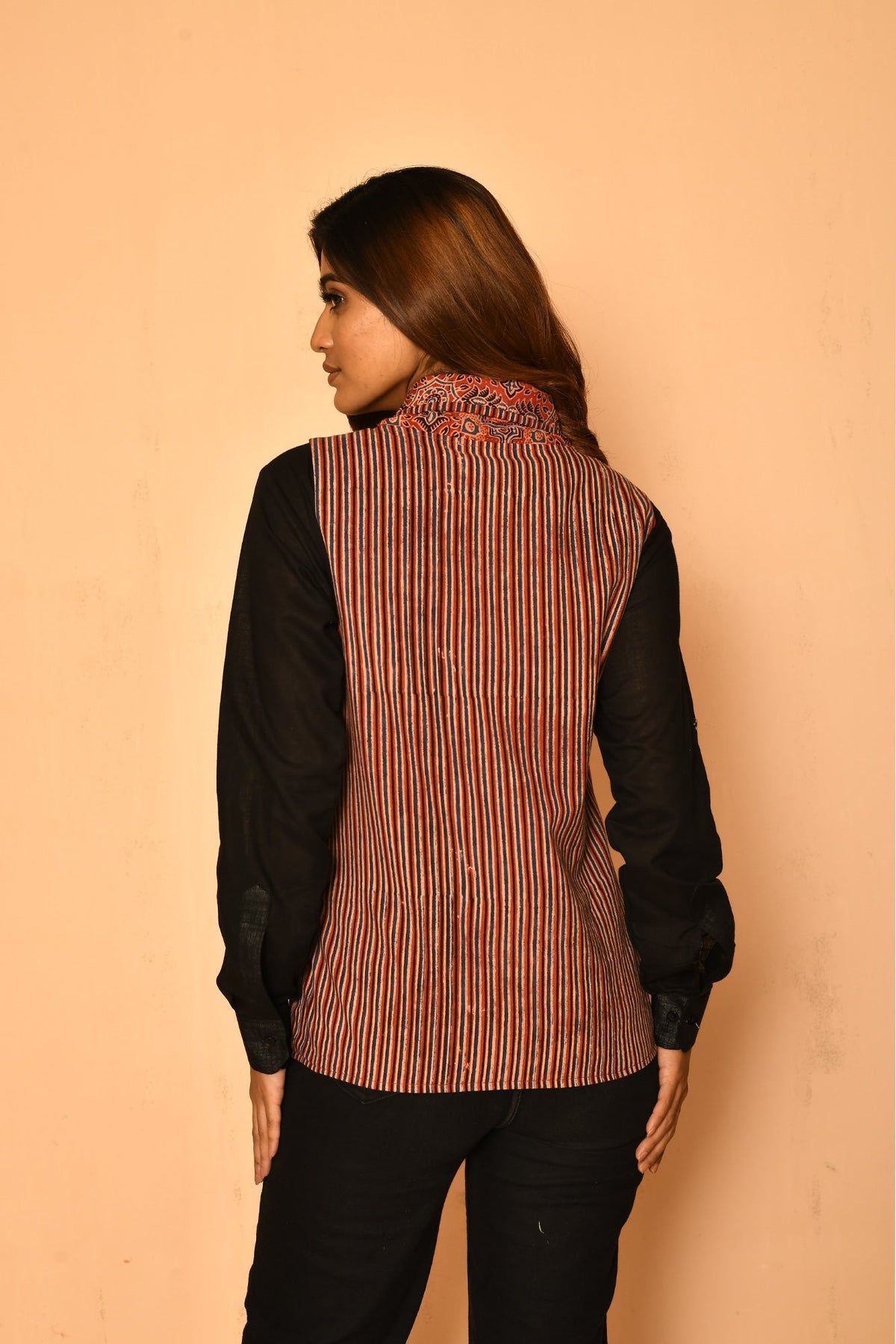 add fun to formal ladies office wear with this red ajrakh jacket