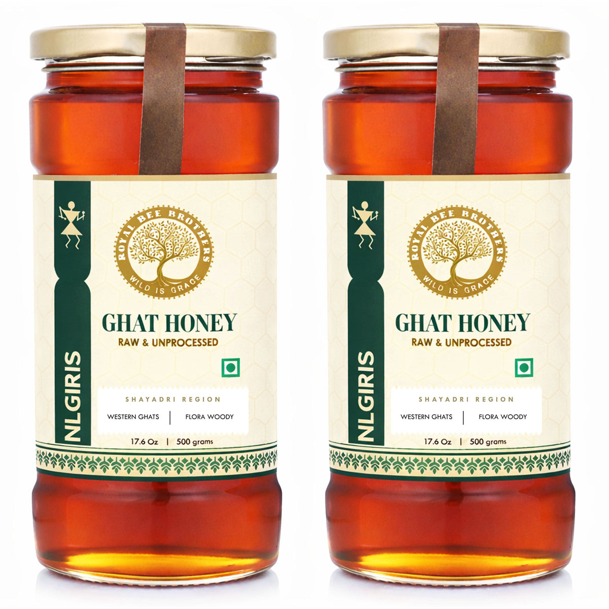 Two jars of Ghat Honey with labels on a white background