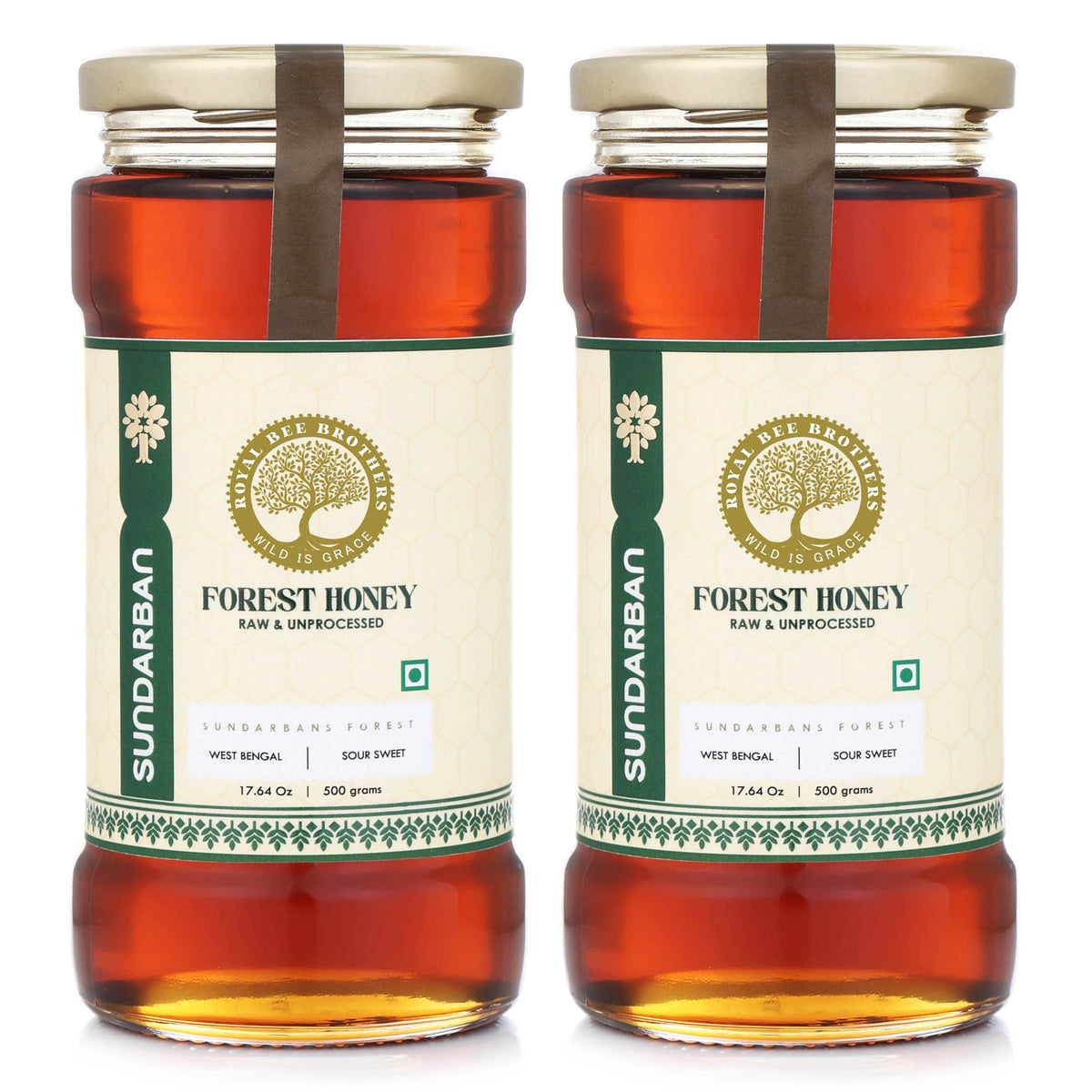 Two jars of Sundarban Forest Honey on a white background