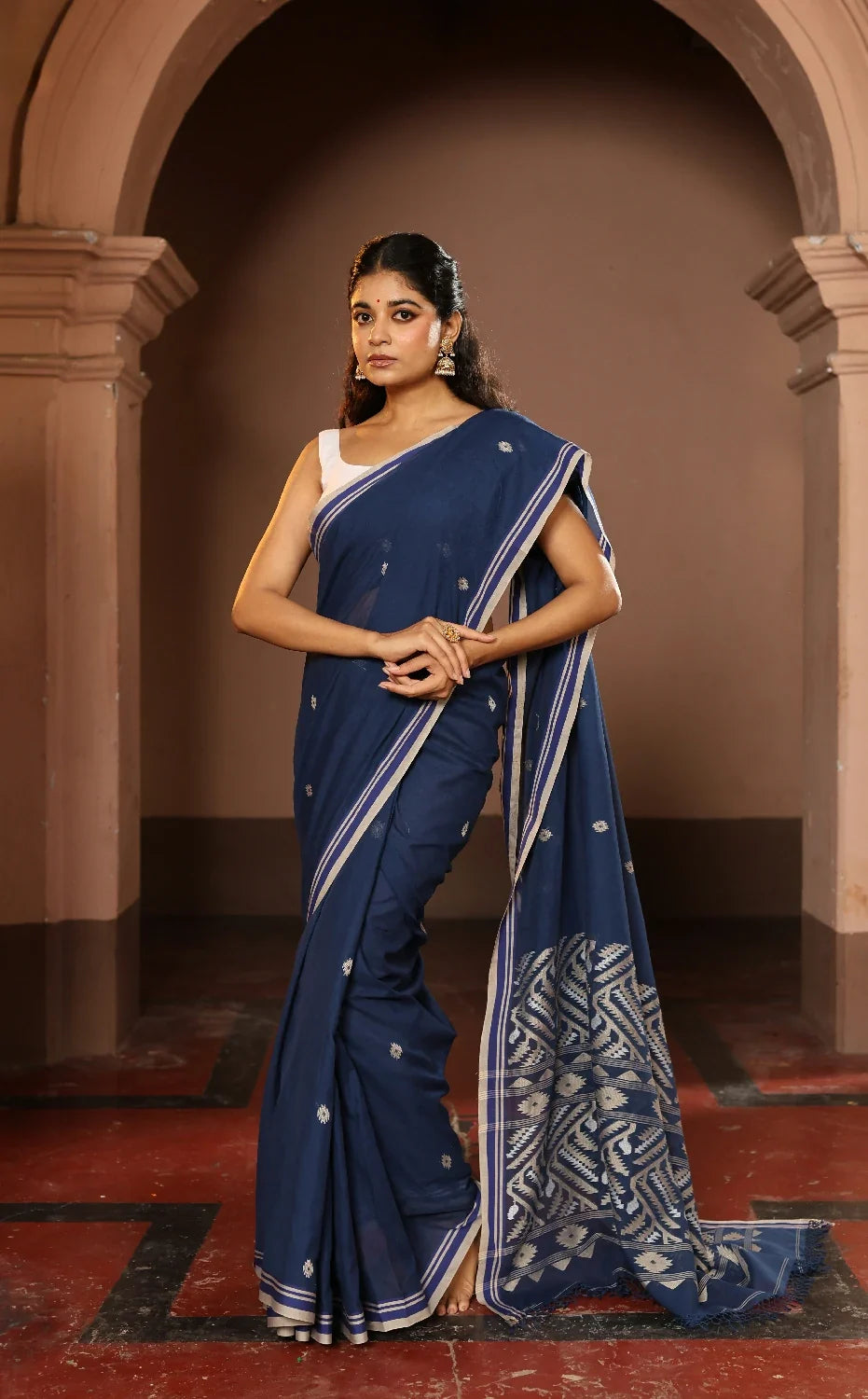 Handloom Navy Blue Pure Cotton Jamdani Saree-Sutra Art of Clothing