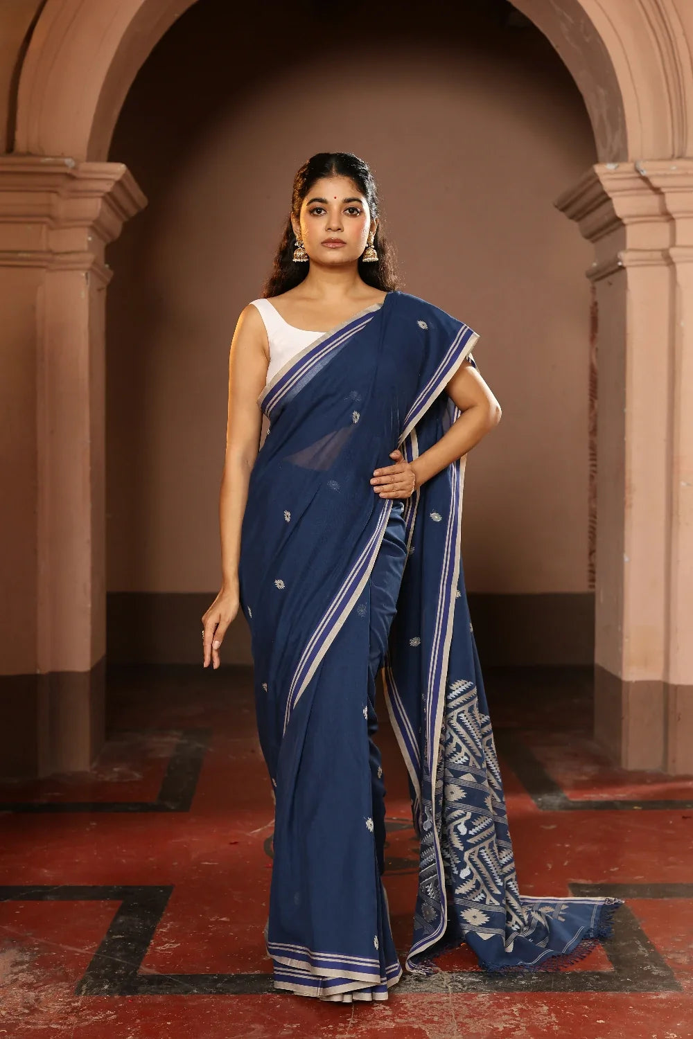 Handloom Navy Blue Pure Cotton Jamdani Saree-Sutra Art of Clothing