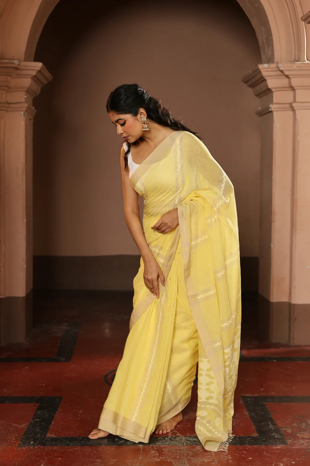 Handloom Lemon Yellow Pure Cotton Jamdani Saree-Sutra Art of Clothing