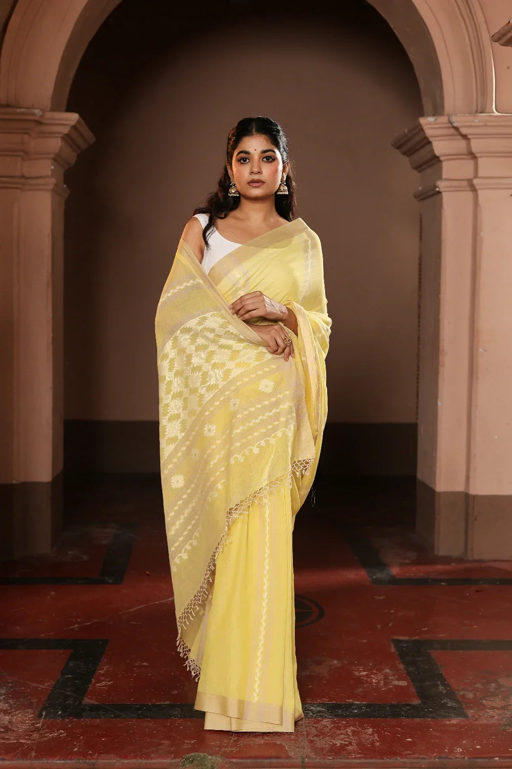 Handloom Lemon Yellow Pure Cotton Jamdani Saree-Sutra Art of Clothing