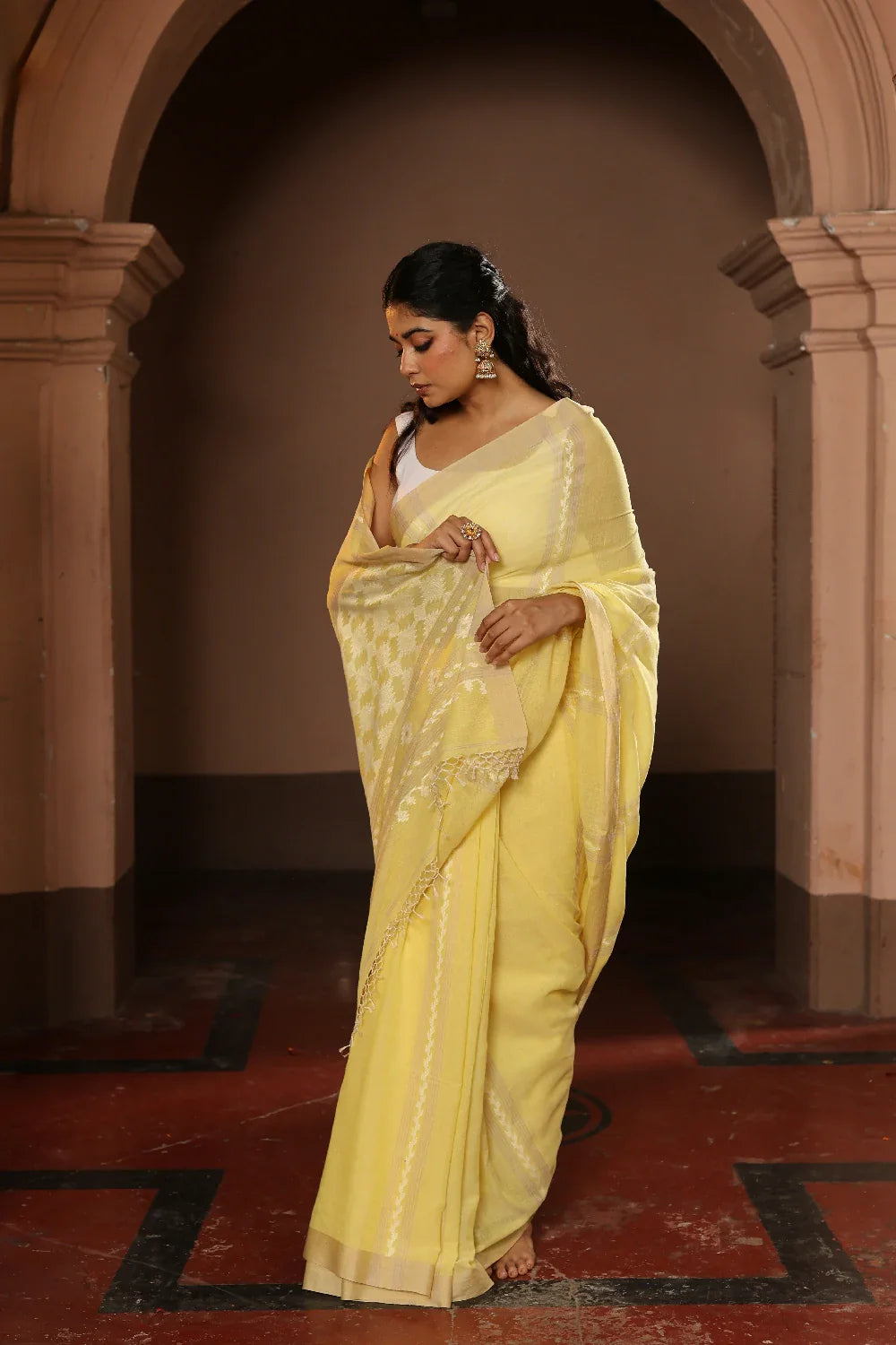 Handloom Lemon Yellow Pure Cotton Jamdani Saree-Sutra Art of Clothing
