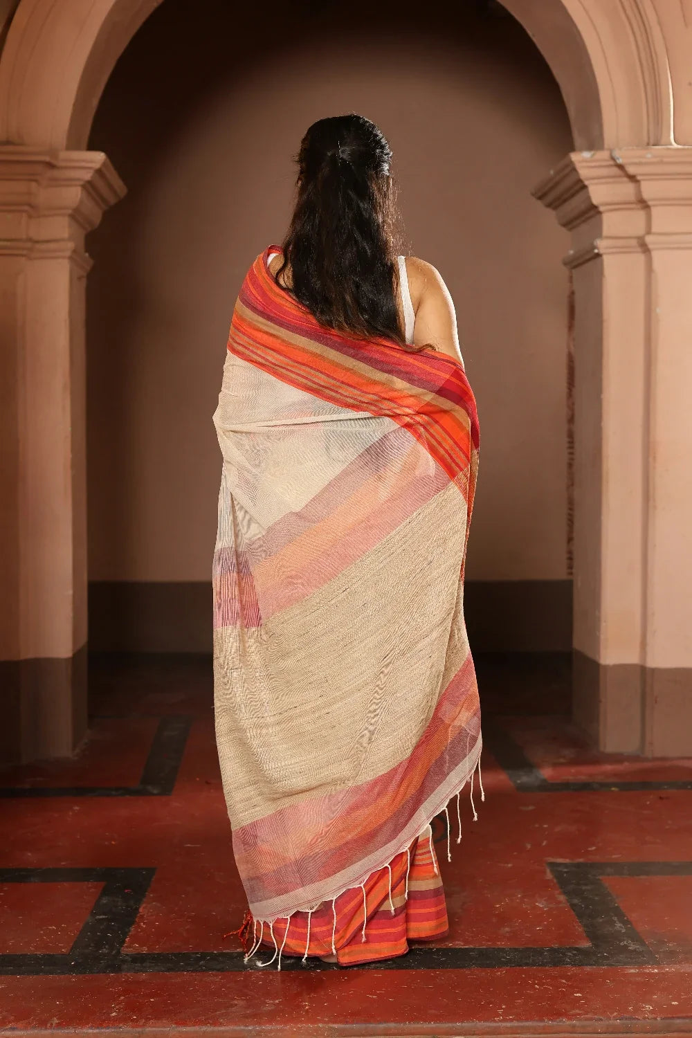 Handloom Off White Pure Cotton Saree wth Multi Colour Stripes