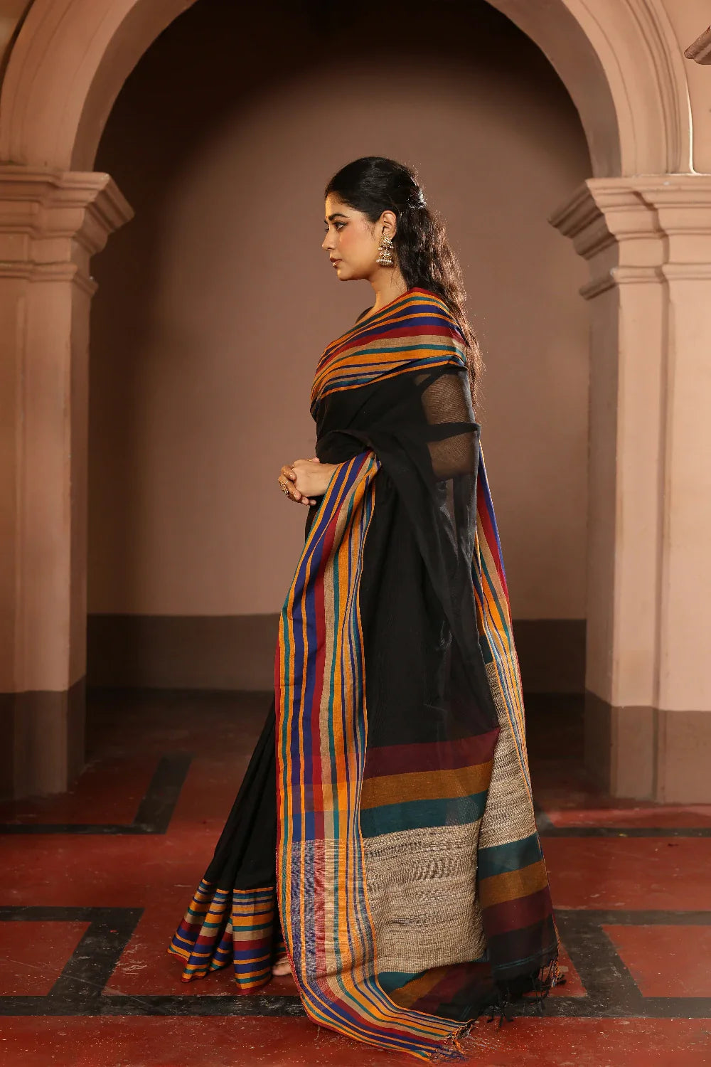 Handloom Black White Pure Cotton Saree with Multi Colour Stripes