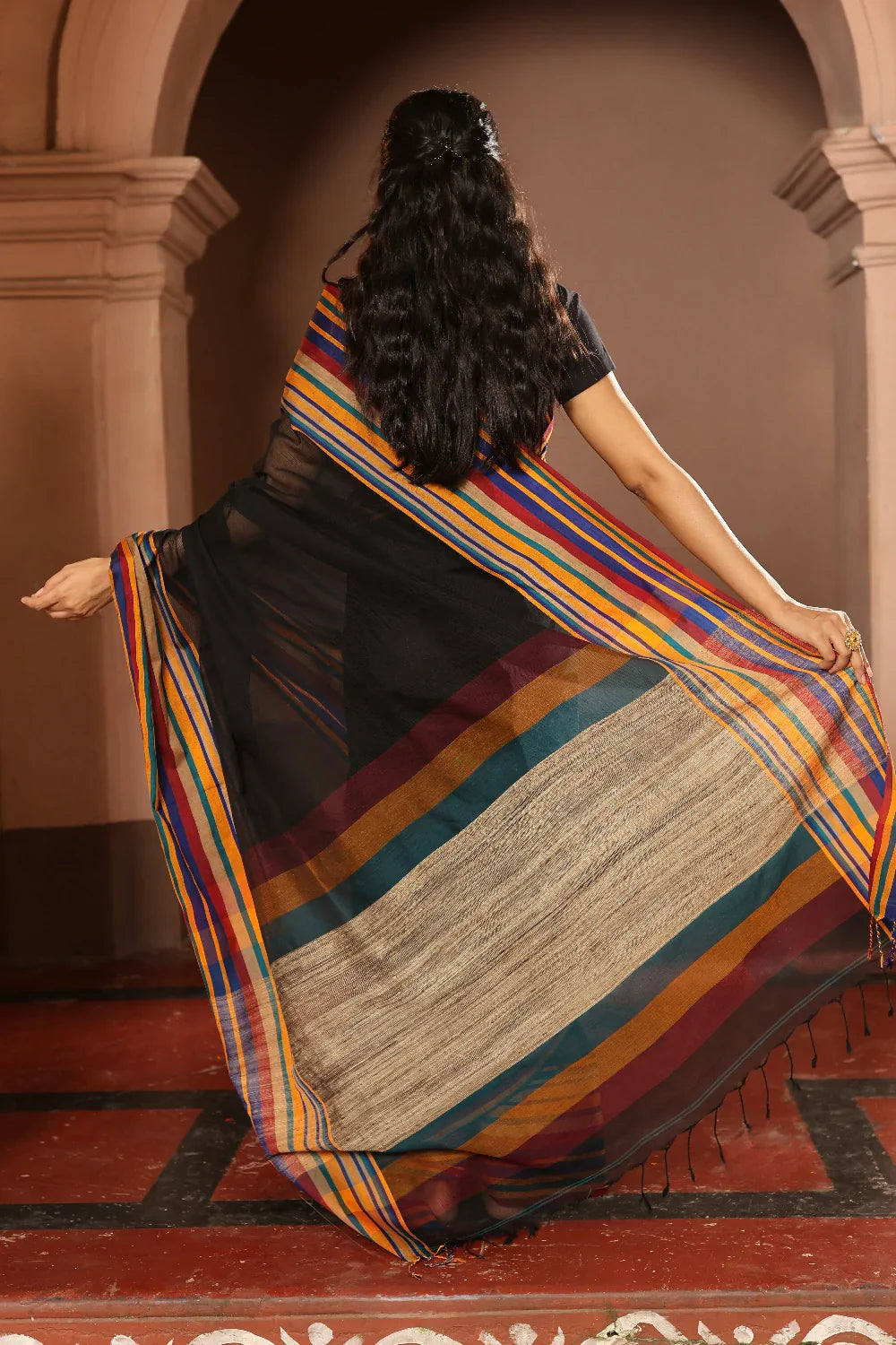 Handloom Black White Pure Cotton Saree with Multi Colour Stripes