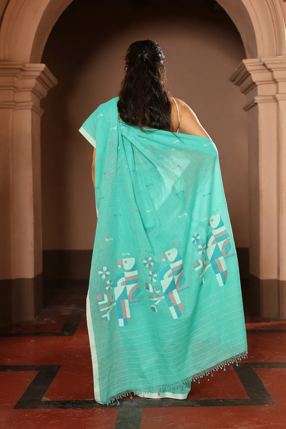 Handloom Aqua Blue Pure Cotton Contemporary Jamdani Saree