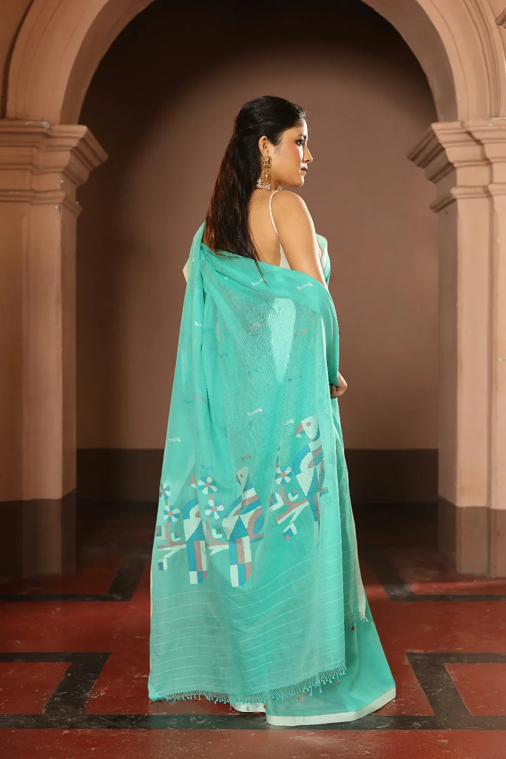 Handloom Aqua Blue Pure Cotton Contemporary Jamdani Saree