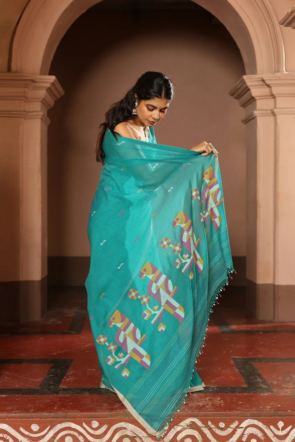 Handloom Deep Aqua Blue Pure Cotton Contemporary Jamdani Saree
