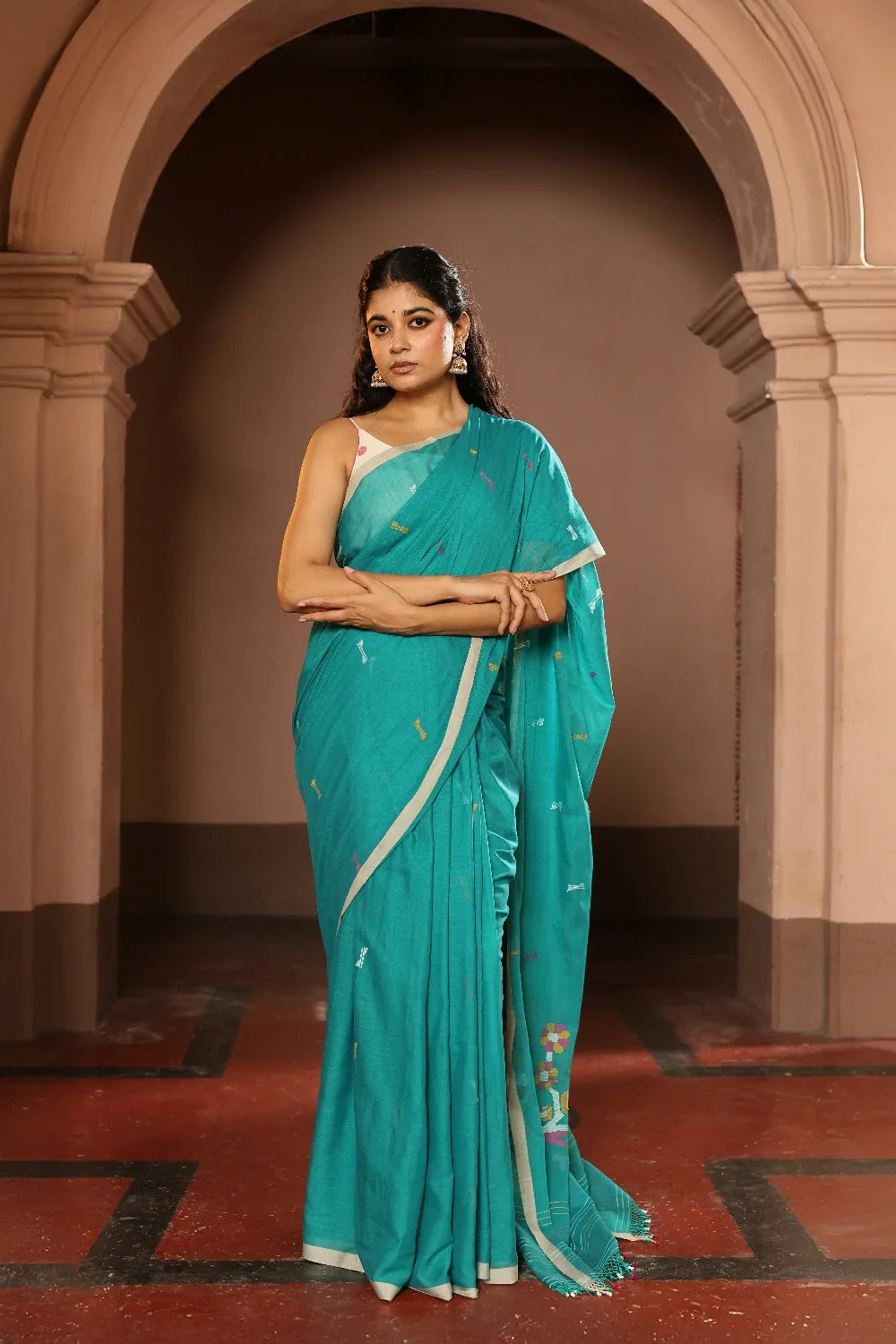 Handloom Deep Aqua Blue Pure Cotton Contemporary Jamdani Saree