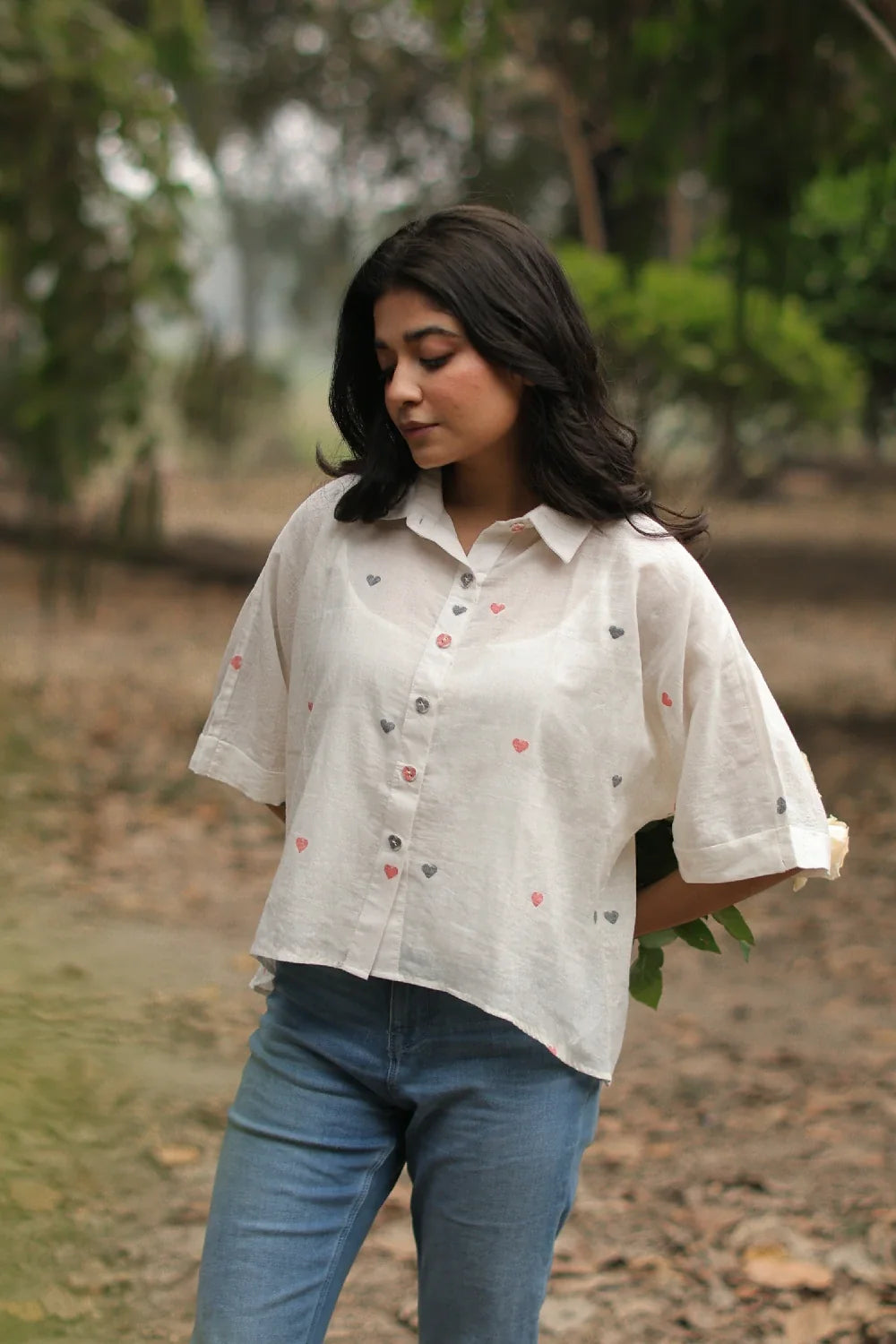 Handloom Red Heart Woven White Jamdani Shirt-Sutra Art of Clothing
