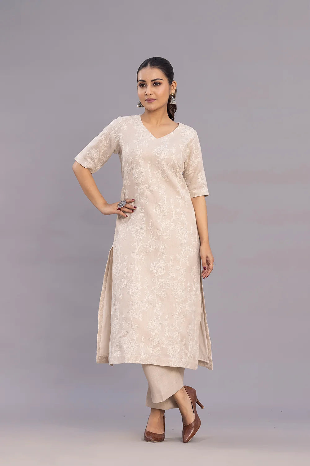Beige Linen Emnbriodered Kurta Set With Dupatta-Sutra Art of Clothing