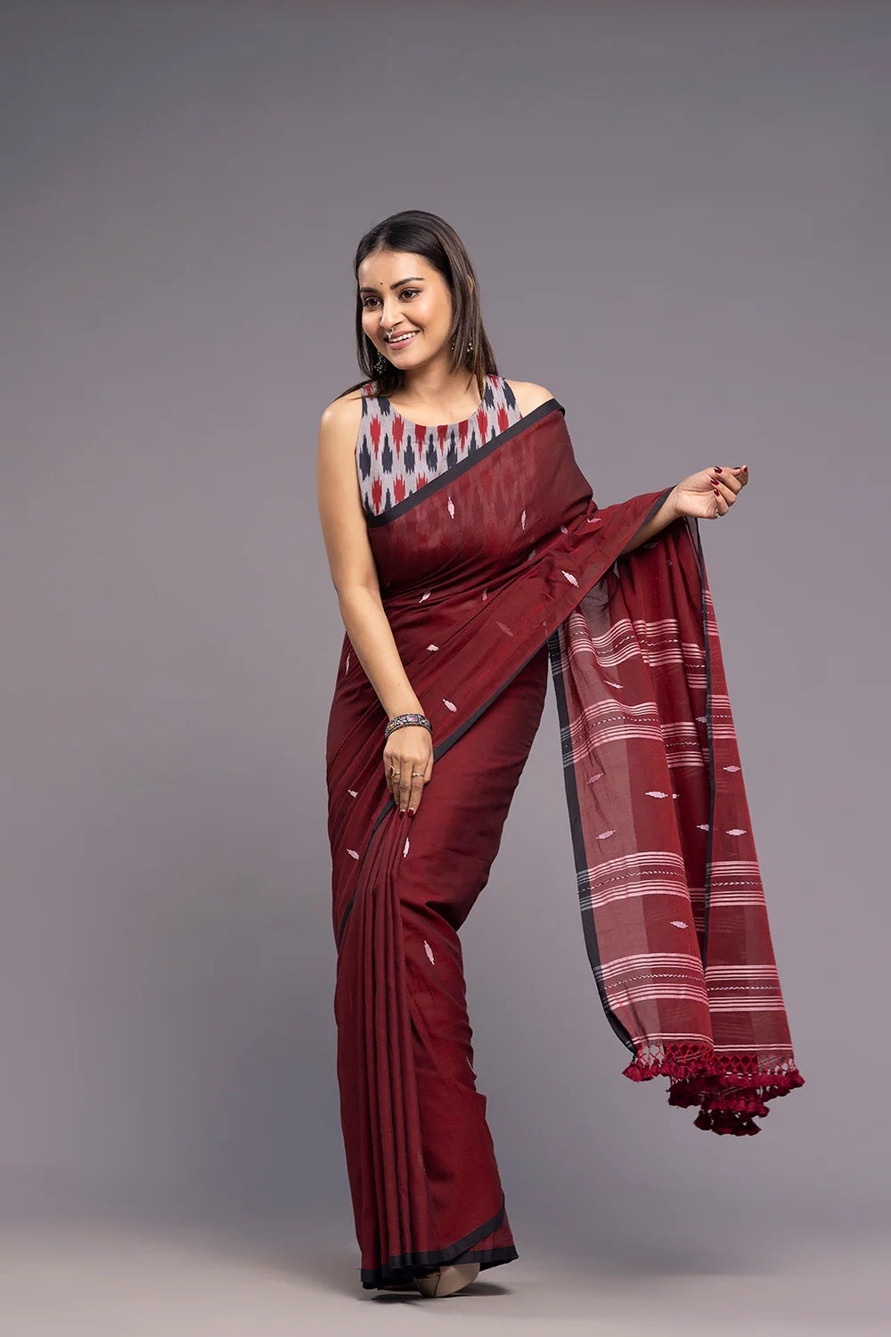 Red & Blue Pure Cotton Ikkat Blouse-Sutra Art of Clothing