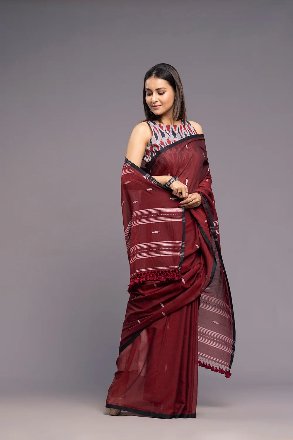 Red & Blue Pure Cotton Ikkat Blouse-Sutra Art of Clothing