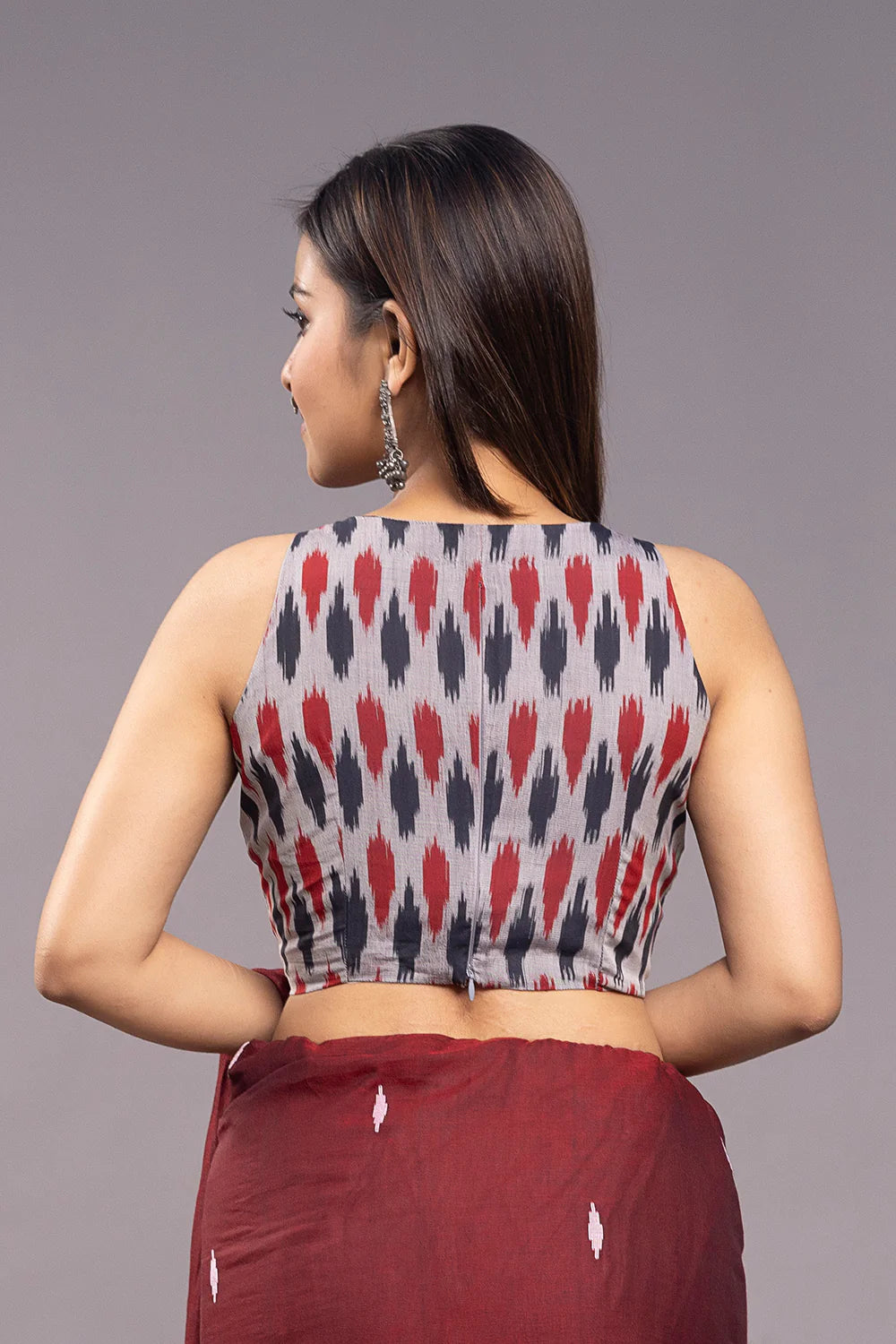 Red & Blue Pure Cotton Ikkat Blouse-Sutra Art of Clothing