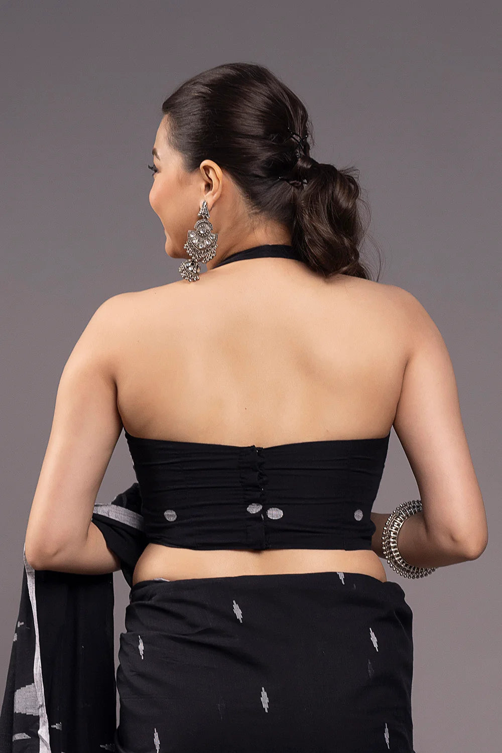 Handloom Black Soft Cotton Jamdani Saree + Black Bindu Jamdani Blouse Combo