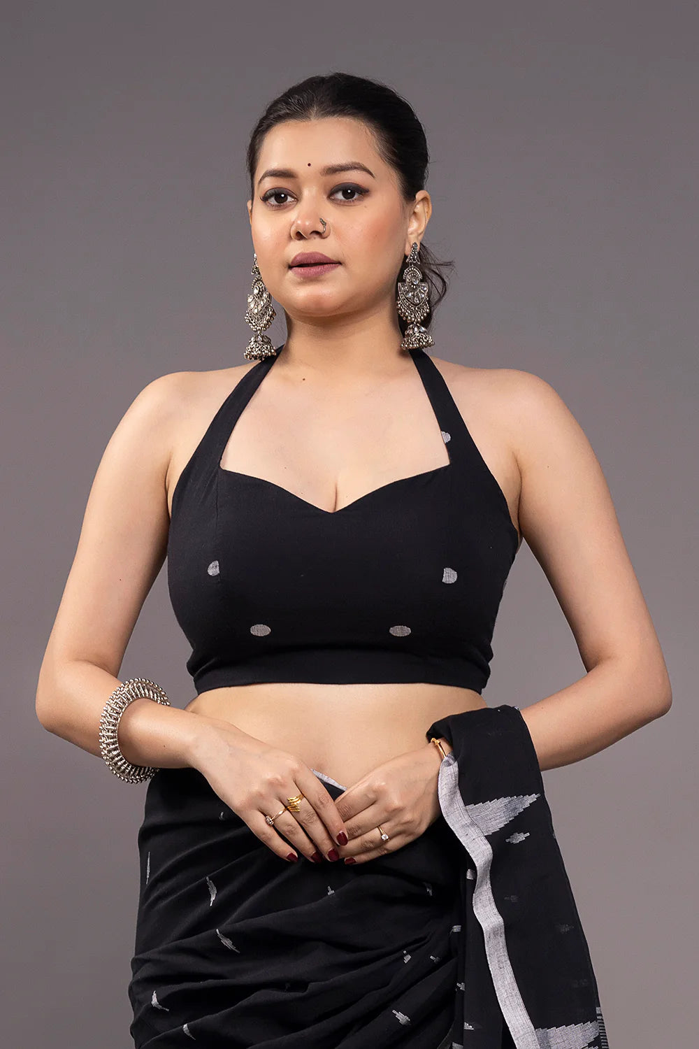 Handloom Black Soft Cotton Jamdani Saree + Black Bindu Jamdani Blouse Combo