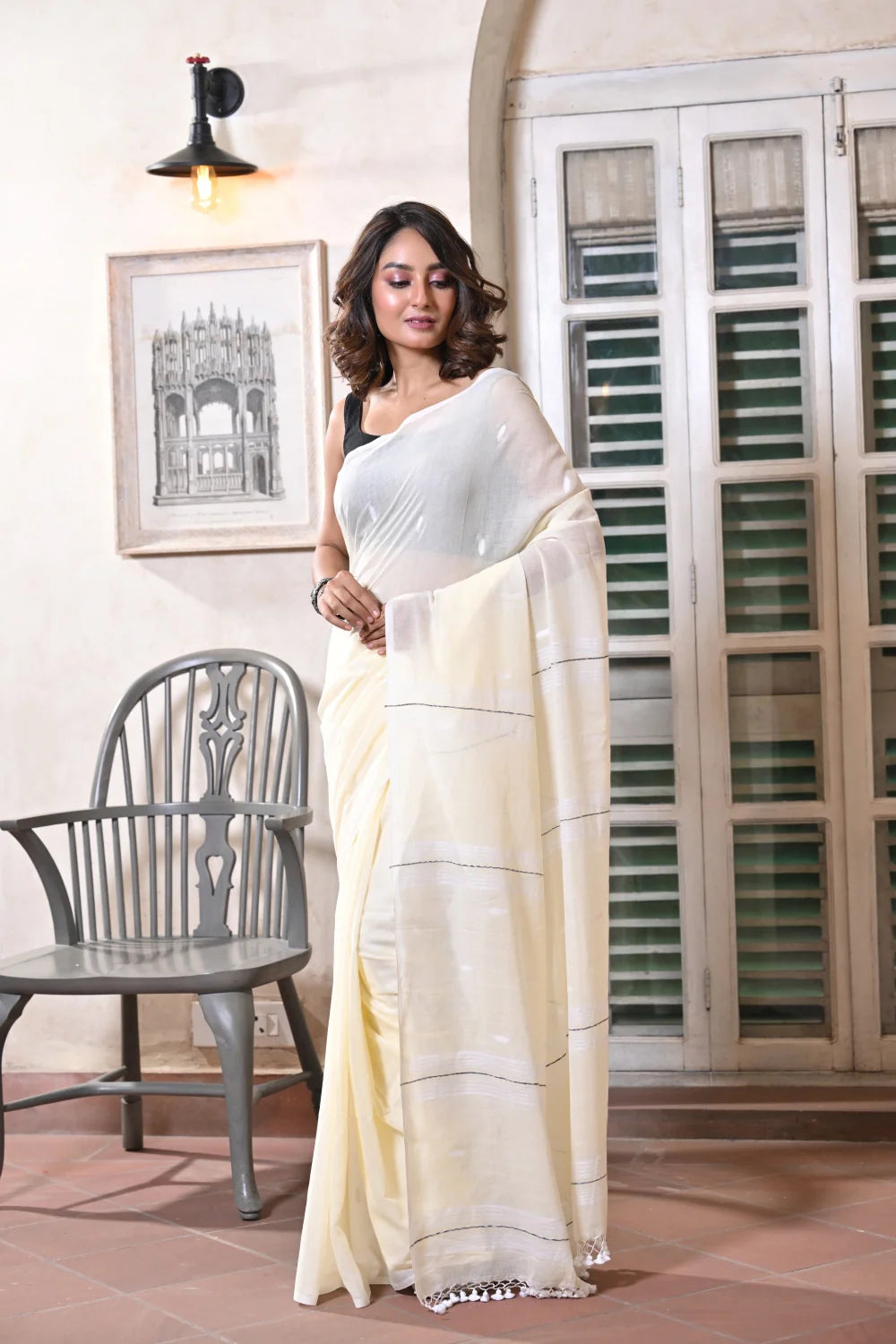 Handloom Lemon Mulmul Cotton Saree-Sutra Art of Clothing