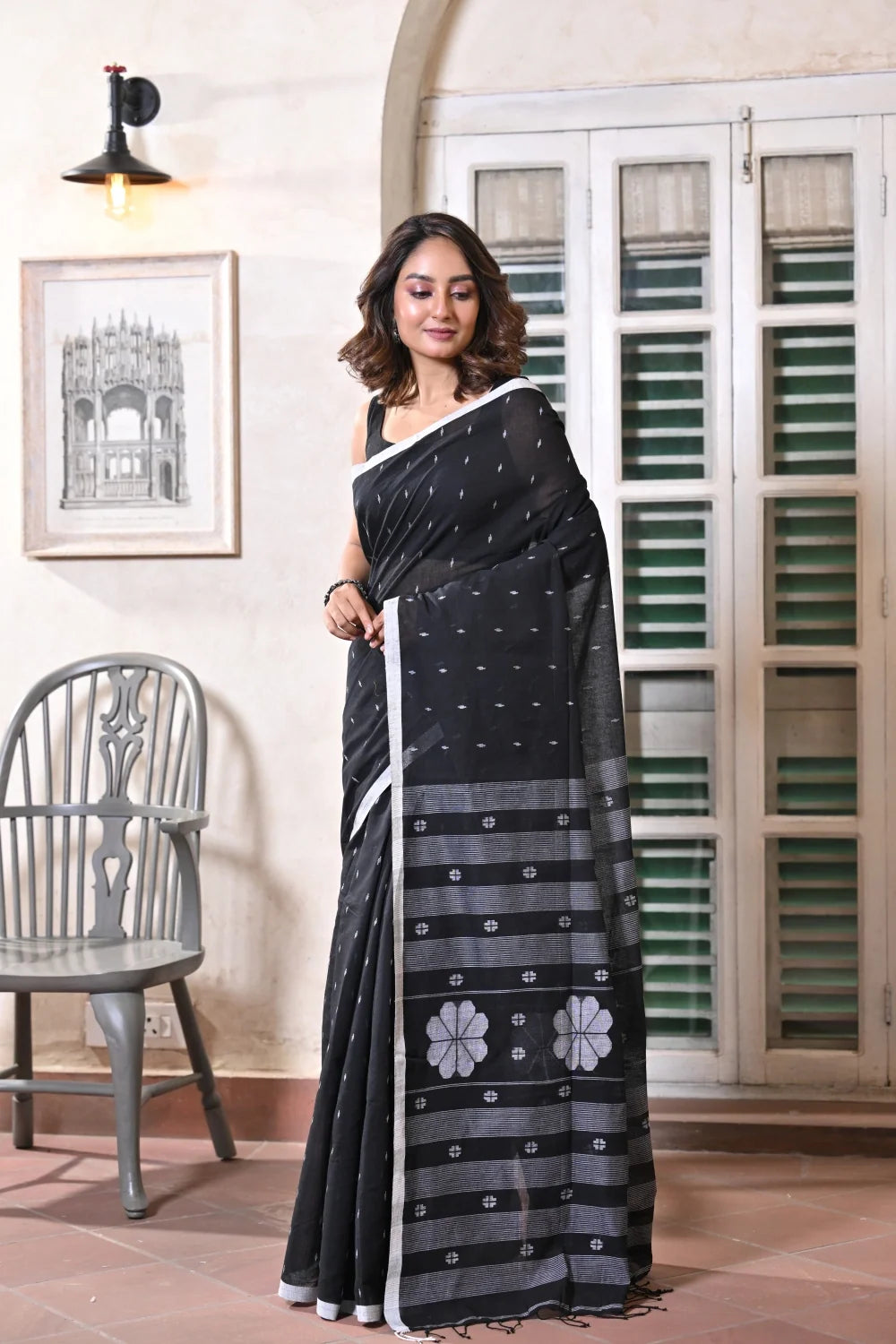 Handloom Black Soft Cotton Jamdani Saree-Sutra Art of Clothing